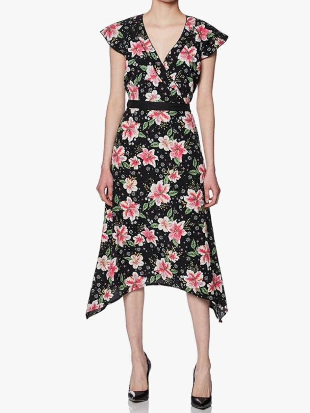fnd. - Women's Black Floral Flutter Sleeve Wrap Midi Dress - Sz XS - NWOT